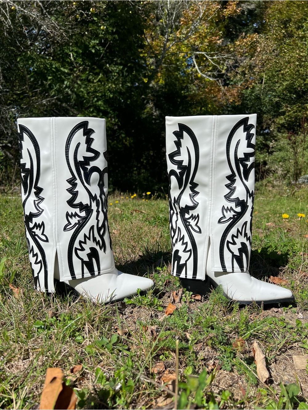 Azalea Wang Simply Foldover Shaft Boot in White and Black Pattern